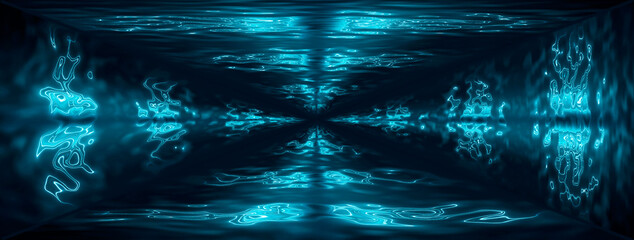 Canvas Print - water aqua tunnel. underwater corridor, blue neon waves, water streaks. blue neon dark abstraction. 