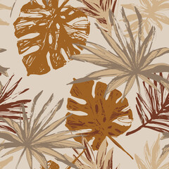 Wall Mural - Tropical leaf silhouette elements background. Palm, fan palm, monstera, banana leaf in grunge modern style