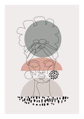 Wall Mural - Black woman afro portrait with geometric shape, grunge doodle texture background.