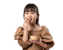 Portrait Of Happy Girl Eating Chocolate Cookie Isolated On White Background