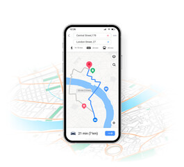 phone map ui. mobile application with transport location and route direction. smartphone navigation 