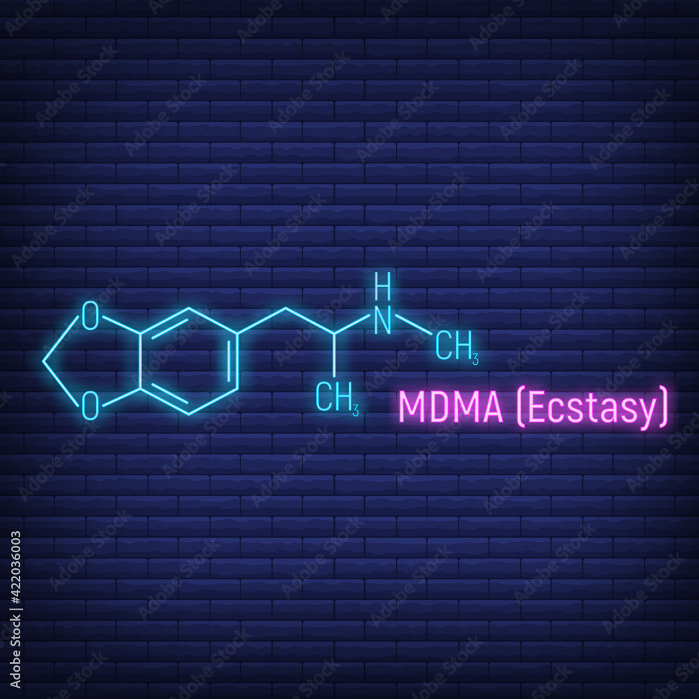 MDMA ecstasy glow neon style concept chemical formula icon label, text font vector illustration, isolated on wall background. Periodic element table. - obrazy, fototapety, plakaty 