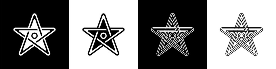 Wall Mural - Set Pentagram icon isolated on black and white background. Magic occult star symbol. Vector