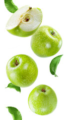 Wall Mural - ripe apples group, slices and leaves flying on white background