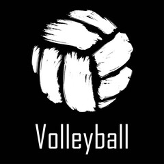 Isolated white volleyball ball icon with text on a black background. Design element for poster, banner, clothes. Simple flat style. Vector illustration.