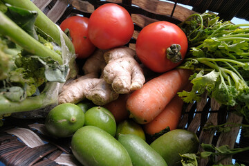  bowl of fresh vegetables on table top down 