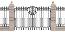 Gate. Iron Fence With Stone Pillars. Wrought Iron. Metal Decor. Urban Design. Art Nouveau. Vintage. Luxury Modern Architecture. City. Street. Park. Palace. 3D Render. Isolated. White Background.