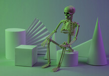 Halloween, Creepy Showcase. Skeleton And Geometric Shapes In Green Purple Neon Light. Concept Art