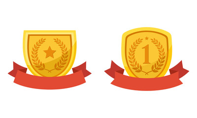 flat vector illustration of golden shield with red ribbon. perfect for element design of award prize