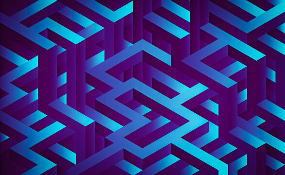 3D maze, 3D labyrinth rendering, abstract futuristic maze, isometric dark purple maze rendering. Futuristic metallic cyberspace labyrinth illustration