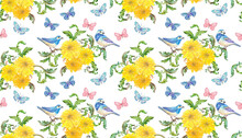 Seamless Texture With Bouquets Of Yellow Chrysanthemum Flowers And Little Blue Birds On White Background. Watercolor Painting