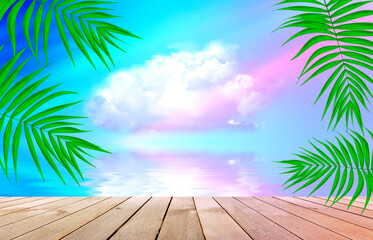 Wall Mural - Summer empty tropical background with palms and water reflection. Empty wood table top. Neon glow. 3d illustration