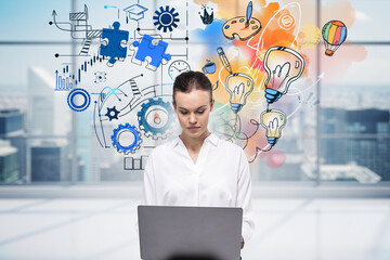 Wall Mural - woman with laptop and brain sketch on background