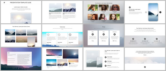 Wall Mural - Vector templates for website design, presentations, portfolio, presentation slides, brochure cover, report. Fog, sunrise in morning and sunset in evening. Nature landscape backgrounds with mountains.