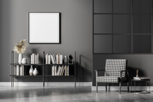 Grey Living Room Interior With Armchair And Bookshelf, Square Mock Up
