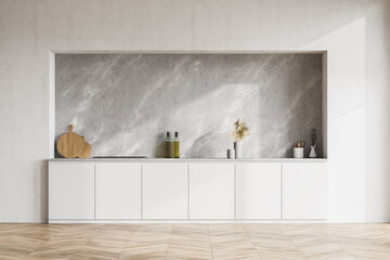 Modern contemporary design kitchen interior. White, marble and concrete stone material. wooden oak parquet floor. Mock up wall copy space.