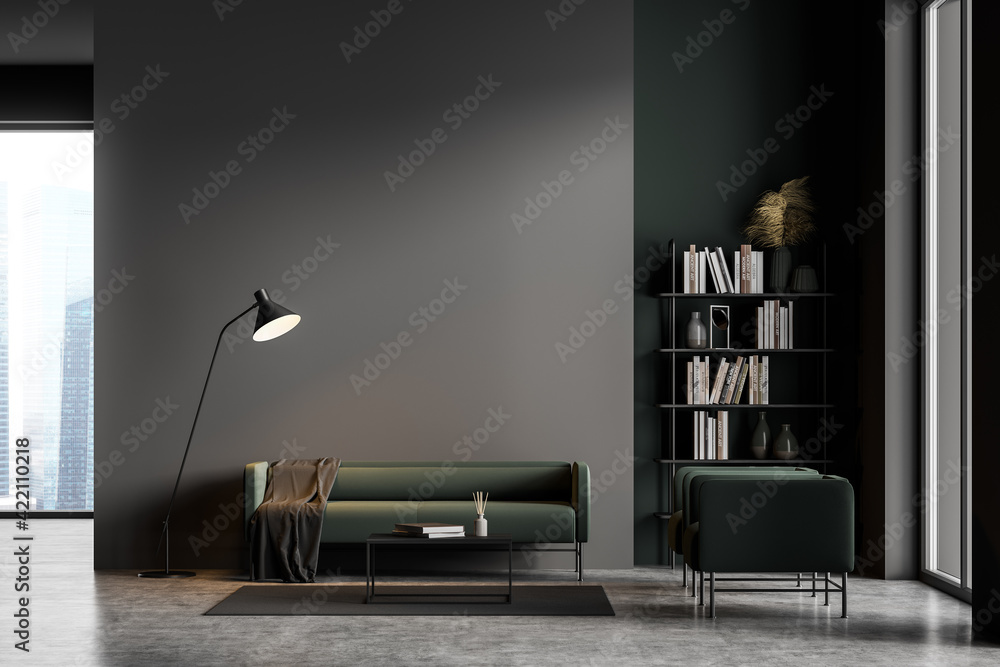 Dark grey modern living room interior with panoramic windows furnished ...