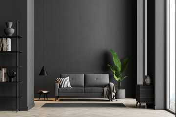 dark living room interior with black empty wall