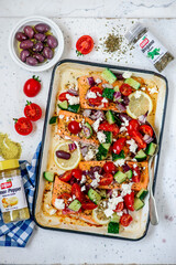 Poster - Greek baked salmon with greek salad .style rustic