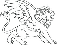 The Winged Lion Is A Symbol Of Venice. Black And White Image For Tattoo Or Coloring Or Logo. Vector Illustration In Graphic Style.
