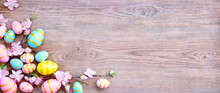  Gift Card With Colorful Easter Eggs On Old Wooden Table.