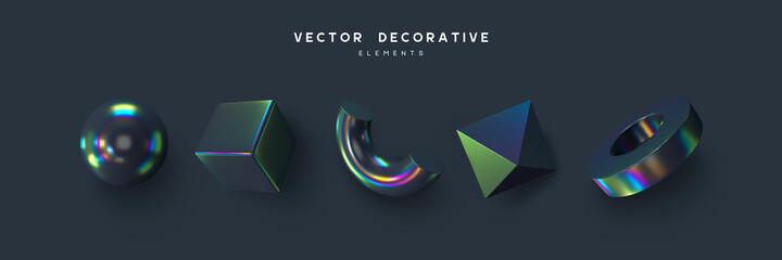 Set of 3d render primitives. Realistic 3d sphere, torus, cone, cube, tube. Glossy holographic geometric shapes isolated on dark background. Iridescent trendy design, thin film effect. Vector.