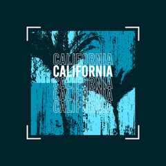 Wall Mural - California t-shirt design with palm trees at blue grunge texture. Typography graphics for tee shirt design. Vector illustration.