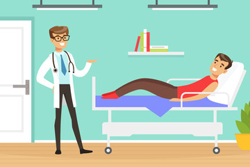 Poster - Man Doctor Giving Medical Advice to Man Patient Lying on Hospital Bed Vector Illustration