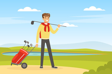 Sticker - Cheerful Male Pulling Bag with Golf Clubs for Playing at Fairway Vector Illustration