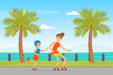 Sticker - Young Mother and Her Son Roller Skating Along Beach Roadway Vector Illustration