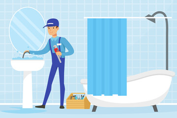 Wall Mural - Professional Plumber in Blue Uniform Fixing Sanitary Ware Vector Illustration