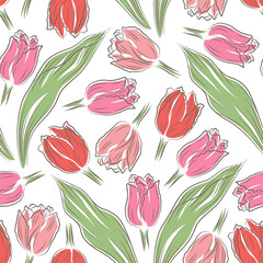 Wall Mural - Seamless vector pattern with hand drawn tulips. Vector illustration.