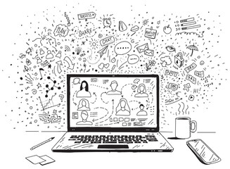 Social media network vector hand drawn doodles