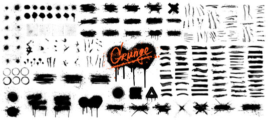 Fototapete - Diverse set of black paint - ink brush strokes, brushes, lines, spray, ink splash , mud and other Dirty artistic design elements. Spray graffiti stencil template ink brush strokes, lines. Vector set