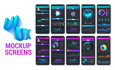 Bright and colorful smartphone apps with well-designed UI. Mobile phone app mockups for sport, fitness and banking and payment. Modern infographic, charts, graphic. UI, UX, GUI. Vector App cellphone