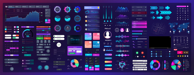 Neon elements for UI, UX, WEB design. Universal interface with Neon colors and elements with high detail. UI / UX / KIT template - buttons, switches, bars,  screens display, calendar, search. Vector