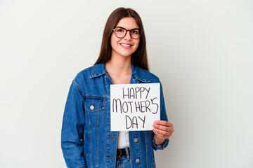 Young caucasian woman holding a made with love placard isolated on white background cheerful and confident showing ok gesture.