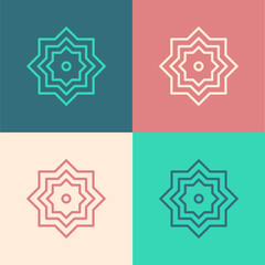 Sticker - Pop art line Islamic octagonal star ornament icon isolated on color background. Vector