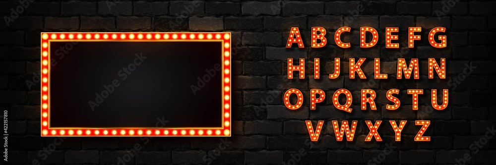 Vector realistic isolated marquee lightbox billboard with light bulb neon font for template decoration and invitation covering on the wall background. Concept of broadway and show. - obrazy, fototapety, plakaty 