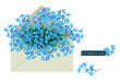 Bouquet of blue lobelia flowers in the postal envelope. Flower delivery concept. Floral composition on white background.