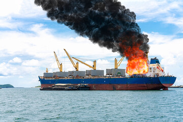 Large general cargo ship for logistic import export goods and other the explosion and had a lot of fire and smoke at sea in bright day