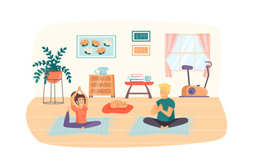 Poster - Couple exercising at home scene. Woman practicing yoga asana, man doing lotus pose. Sport activities, meditation, healthy lifestyle concept. Vector illustration of people characters in flat design