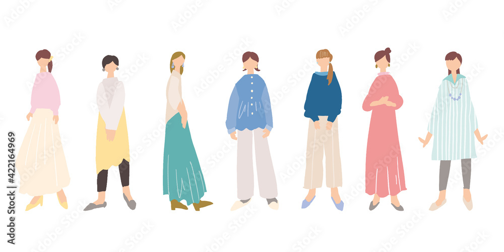 Fotobehang おしゃれな女性 人物イラスト お母さん 働く女性 シンプルな女性像 Fashionable Women Portraits Moms Working Women Simple Female Figures Necomammma