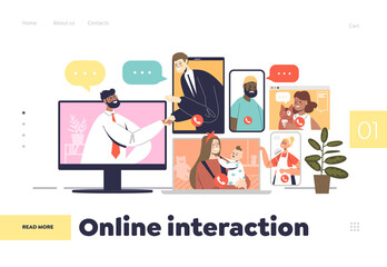 Online interaction concept of landing page with business people and families meeting via video calls