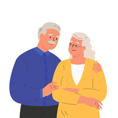 Wall Mural - Happy elder man hugging his wife feeling love to each other. Portrait of old couple man and woman. Friendly family relationship. Cartoon vector flat illustration on white background. 