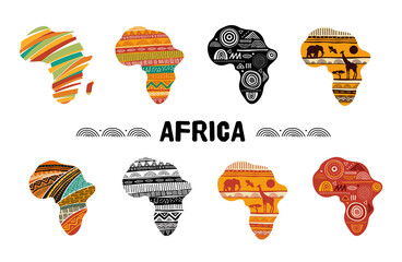 Wall Mural - Africa patterned map, collection of logo design. Banner with tribal traditional grunge pattern, elements, concept design