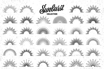 Vintage grunge sunburst collection. Bursting sun rays. Fireworks. Logotype or lettering design element. Radial sunset beams. Vector illustration.