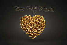 3d Rendering: A Heart Of Golden Roses In Front Of A Black Background And The French Message "Bonne Fête Maman" ("Happy Mother's Day") On Top.