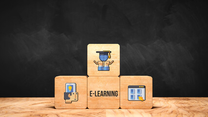 Wall Mural - cubes with learning symbols and another one with the message E-LEARNING