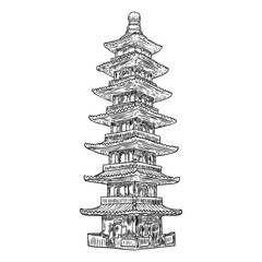 Sticker - Japanese pagoda landmark, Buddha and saint tomb near temple in traditional Japan style. Architecture building made of wood. Spiritual stupa or monument with tiers and roof eaves. Vector.